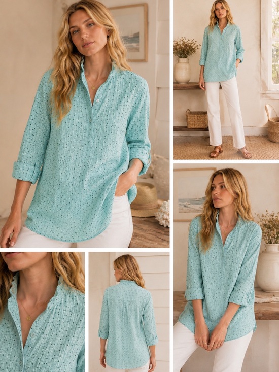 Appleseed's Tops - Seersucker Tunic Teal White with navy polka dot Ruffle Collar